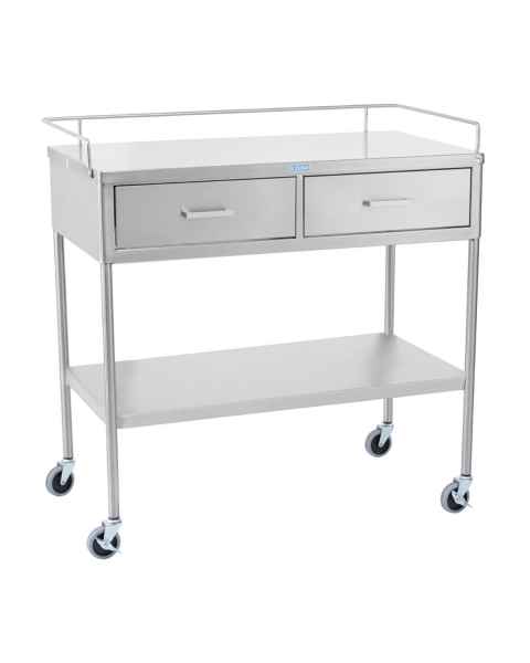 Blickman SS Utility Table with Shelf, Guard Rail and Two Side by Side Drawers