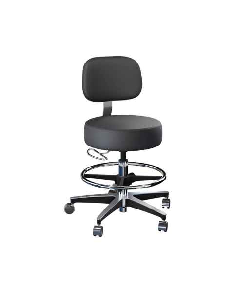 Brewer Model 11001BFR Century Pneumatic Stool with Backrest & Adjustable Footring - Black Satin Upholstery