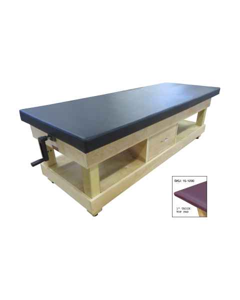 CanDo&reg; 15-1200 Manual Hi-Lo Hardwood Treatment Table with Flat Top and Shelf - With Drawer