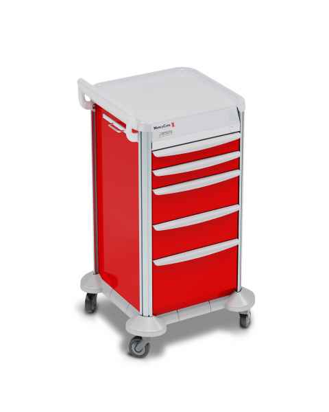 DETECTO 2022345 MobileCare Series Medical Cart - Red, Five 16.5" Wide Drawers with Key Lock, 1 Handrail
