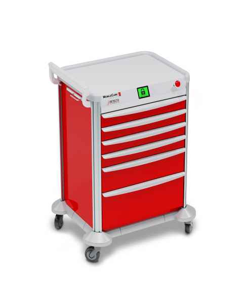 DETECTO 2022648 MobileCare Series Medical Cart - Red, Six 23" Wide Drawers with Quick Release Lock, 1 Handrail