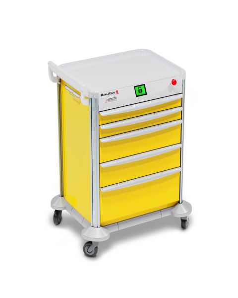 DETECTO 2022724 MobileCare Series Medical Cart - Yellow, Five 23" Wide Drawers with Quick Release Lock, 1 Handrail