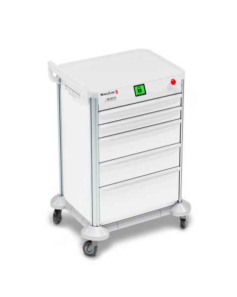 DETECTO 2022802 MobileCare Series Medical Cart - White, Five 23" Wide Drawers with Quick Release Lock, 1 Handrail