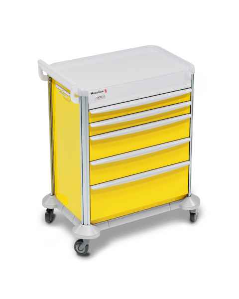 DETECTO 2023040 MobileCare Series Medical Cart - Yellow, Five 29" Wide Drawers with Key Lock, 1 Handrail