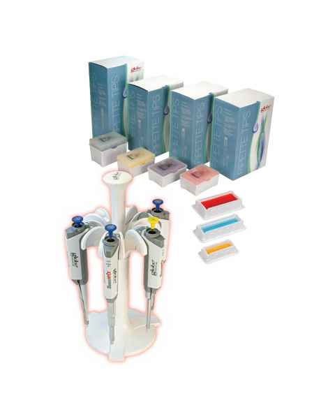 Globe Scientific 3351-COMBO Diamond® APEX™ Single Channel Adjustable Volume Pipette Kit. Please note that the image does not accurately represent the pipette sizes included with this item.