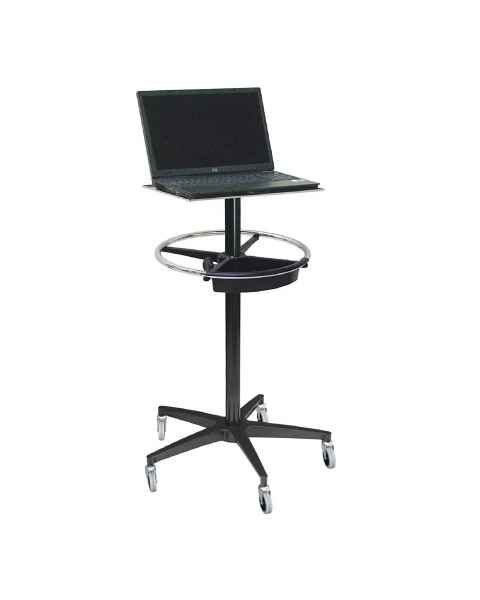 The OmniMed 350300 Computer Monitor Stand is shown with additional items (Laptop, Wheel Ring Handle, and Poly Tray) that are NOT included.