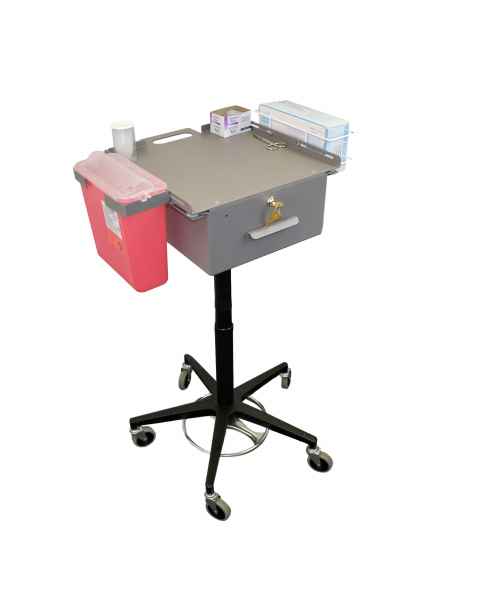 OmniMed 350340 Store & Go Phlebotomy Cart with Key Lock, Single Glove Box Holder, and Adjustable Brackets - Front View (Sharps Container and Supplies NOT included)