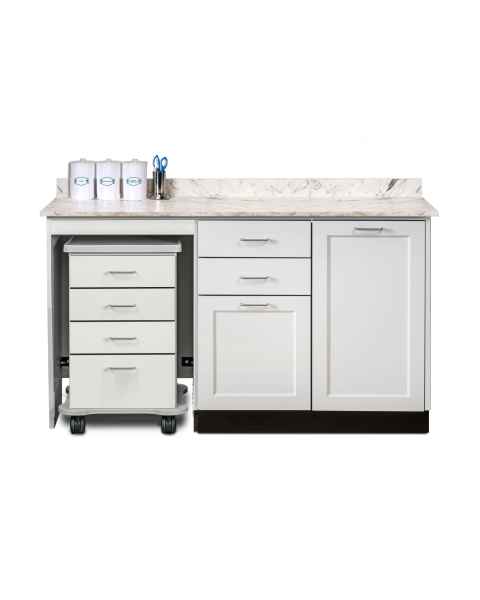 Clinton 58060L Fashion Finish 60" Wide Cart-Mate Cabinet with Left Side 4-Drawer Cart in Arctic White Finish and White Carrara Countertop. NOTE: Supplies and Optional Sink Model 022 are NOT included.