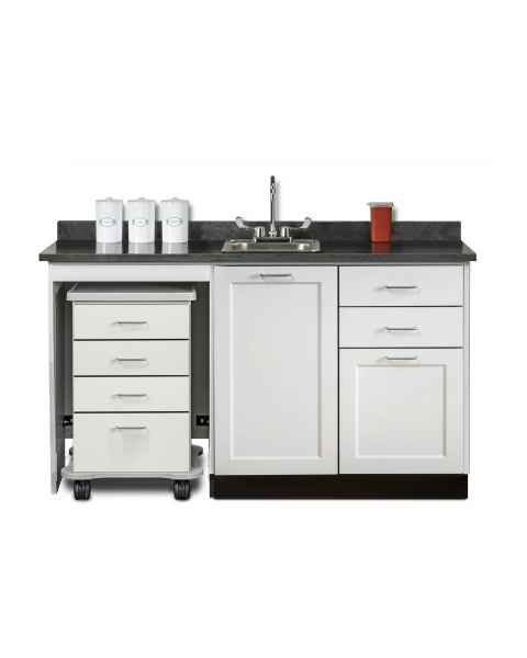 Clinton 58060ML Fashion Finish 60" Wide Cart-Mate Cabinet with Left Side 4-Drawer Cart, Middle Single Door in Arctic White and Black Alicante Countertop. NOTE: Supplies and Optional Sink Model 022 are NOT included.