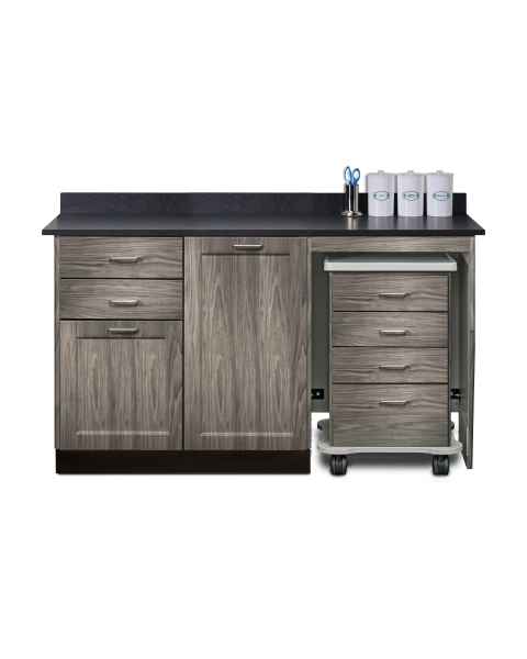 Clinton 58060MR Fashion Finish 60" Wide Cart-Mate Cabinet with Right Side 4-Drawer Cart, Middle Single Door in Metropolis Gray and Black Alicante Countertop. NOTE: Supplies and Optional Sink Model 022 are NOT included.