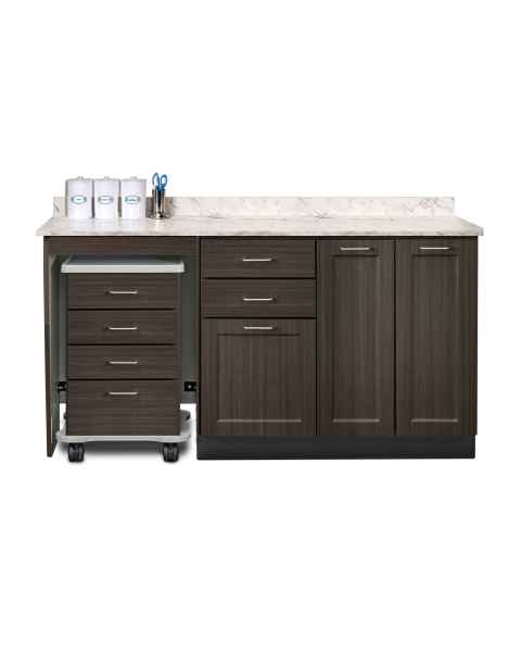 Clinton 58066L Fashion Finish 66" Wide Cart-Mate Cabinet with Left Side 4-Drawer Cart in Twilight Finish and Black Alicante Laminate Countertop. NOTE: Supplies and Optional Sink Model 022 are NOT included.