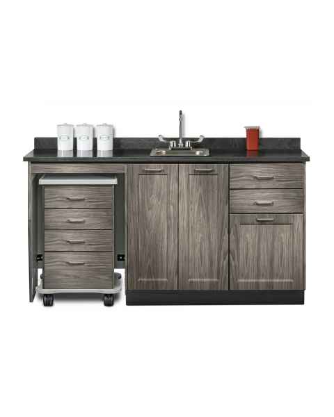 Clinton 58066ML Fashion Finish 66" Wide Cart-Mate Cabinet with Left Side 4-Drawer Cart, Middle Double Doors in Metropolis Gray Finish and Black Alicante Laminate Countertop. NOTE: Supplies and Optional Sink Model 022 are NOT included.