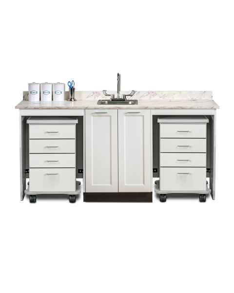 Clinton 58072D Fashion Finish 72" Wide Cart-Mate Cabinet with Dual 4-Drawer Carts, Middle Double-Door in Arctic White Color, and Classic Marble Countertop (Sundry Jars, Sink, and Faucet Sold Separately; Organizer Holder & Scissors NOT Included)