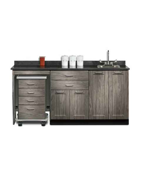Clinton 58072L Fashion Finish 72" Wide Cart-Mate Cabinet with Left Side 4-Drawer Cart in Metropolis Gray Finish and Black Alicante Laminate Countertop. NOTE: Supplies and Optional Sink Model 022 are NOT included.