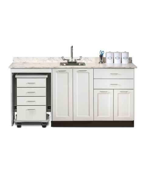 Clinton 58072ML Fashion Finish 72" Wide Cart-Mate Cabinet with Left Side 4-Drawer Cart, Middle Double-Door in Arctic White Color, and Classic Marble Countertop (Sundry Jars, Sink, and Faucet Sold Separately; Organizer Holder & Scissors NOT Included)