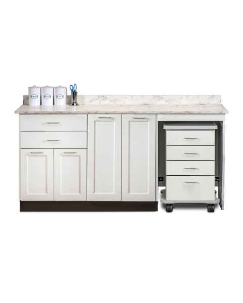 Clinton 58072MR Fashion Finish 72" Wide Cart-Mate Cabinet with Right Side 4-Drawer Cart, Middle Double-Door in Arctic White Color, and Classic Marble Countertop (Sundry Jar Sold Separately; Organizer Holder and Scissors NOT Included)