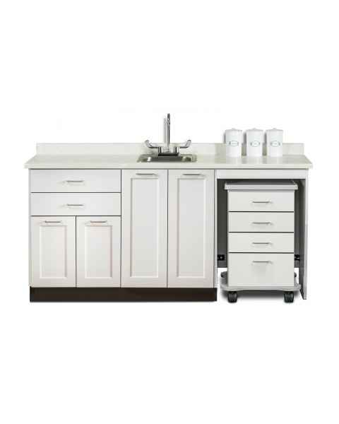 Clinton 58072MR Fashion Finish 72" Wide Cart-Mate Cabinet with Right Side 4-Drawer Cart, Middle Double Doors in Arctic White Finish and White Carrara Laminate Countertop. NOTE: Supplies and Optional Sink Model 022 are NOT included.