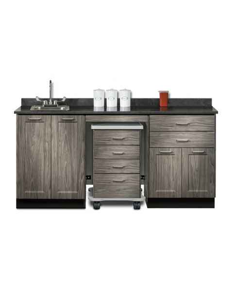 Clinton 58072SL Fashion Finish 72" Wide Cart-Mate Cabinet with Centered 4-Drawer Cart, Left Side Double Doors in Metropolis Gray Finish and Black Alicante Laminate Countertop. NOTE: Supplies and Optional Sink Model 022 are NOT included.