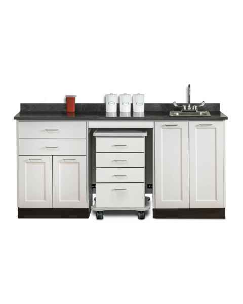 Clinton 58072SR Fashion Finish 72" Wide Cart-Mate Cabinet with Centered 4-Drawer Cart, Right Side Double Doors in Arctic White Finish and Black Alicante Laminate Countertop. NOTE: Supplies and Optional Sink Model 022 are NOT included.