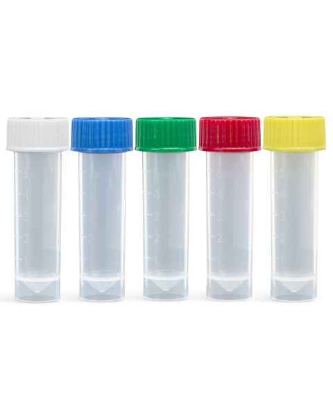 Globe 6101 Series 5mL Transport Tubes - Polypropylene Self-Standing Conical Bottom with Polyethylene Screw Cap