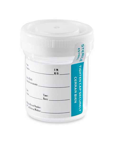 Globe Scientific 6523 Sterile 60mL (2oz) Tite-Rite Container with Attached Screw Cap and Tab Seal ID Label