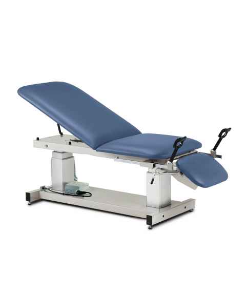 The Clinton 27" Wide Multi-Use Ultrasound Power Table with Stirrups, Model 80069, is shown in the picture. Model 80069-X has a 34" width.