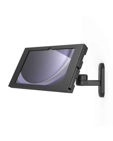 Compulocks 827B11GAPX9B Swing Arm Wall Mount with Apex Secured Enclosure - For 11" Galaxy Tab, Black, Landscape, Left Angle View (Tablet is Not Included)