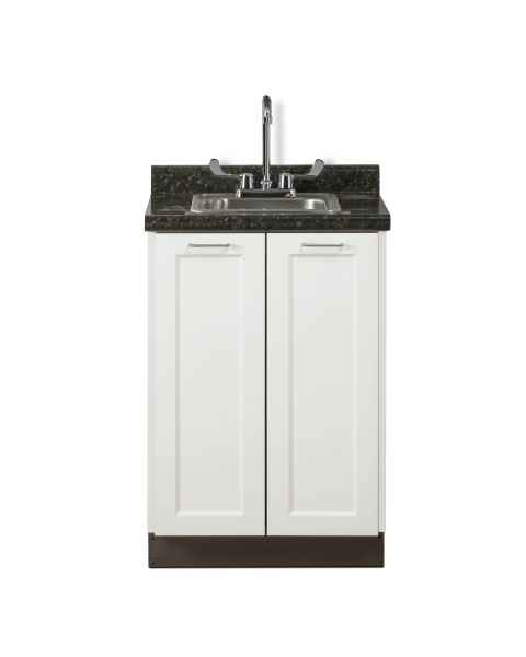 Clinton Fashion Finish Arctic White 24" Wide Base Cabinet Model 8624 shown with Meteorite Postform Countertop with Sink and Wing Lever Faucet Model 24P