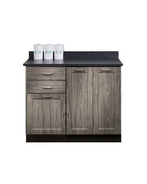 Clinton Fashion Finish Metropolis Gray 42" Wide Base Cabinet Model 8642 shown with White Carrara Postform Countertop with Sink and Wing Lever Faucet Model 42P