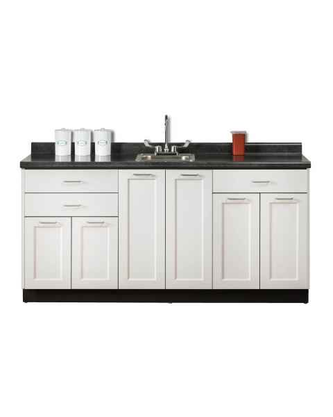 Clinton Fashion Finish Arctic White 72" Wide Base Cabinet Model 8672 shown with Black Alicante Postform Countertop with Sink and Wing Lever Faucet Model 72P