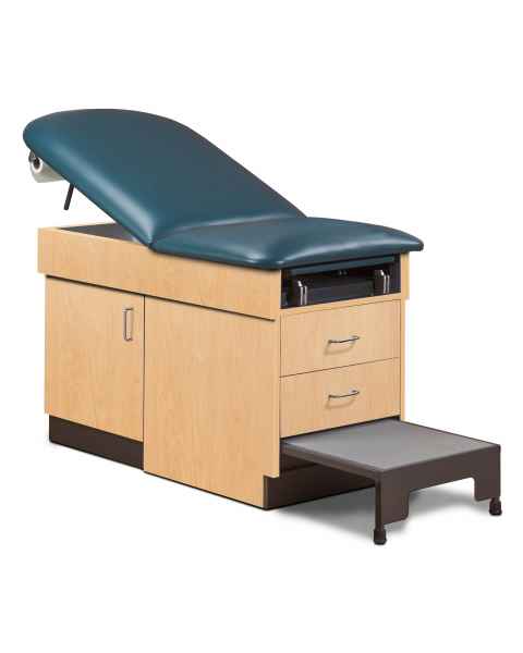 Clinton 8890 Family Practice Table with Step Stool. Color shown with a Maple Laminate Base and Slate Blue Upholstery Top.