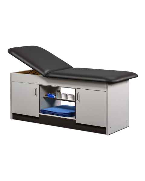 Clinton Cabinet Style Treatment Table with Two Closed Door and Open Center Shelf - Black Upholstery and Gray Laminate (The Items in the Cabinets are Not Included.)