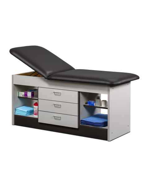 Clinton 98013 Series Cabinet Style Treatment Table with Two Open Storage and Center Drawers - Black Upholstery and Gray Laminate (The Items in the Cabinets are Not Included.)