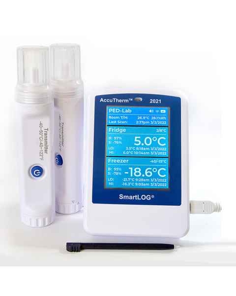 Thermco ACCSL2021 AccuTherm™ SmartLog® 2021 VFC Data Logger, Dual Probe - Front View (Only 1 Wireless Vaccine Bottle Sensor is Included)