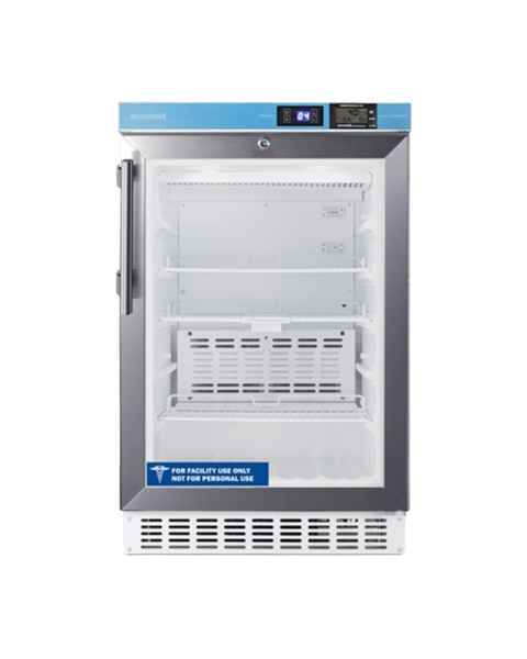 Accucold Pharmaceutical Series ADA Vaccine Built-in All-Refrigerator with NIST-Calibrated Temperature Display, 3 Wire Shelves, Glass Door - 2.65 Cubic Feet, Front View