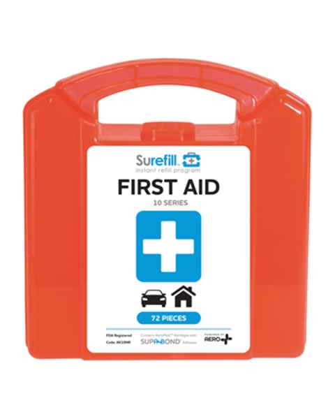 AERO Healthcare AK10NR SureFill® 10 Series All Purpose First Aid Kit, Red Translucent Plastic Case - Front View