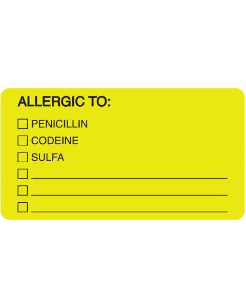 ALLERGIC TO Label - Size 3 1/4"W x 1 3/4"H - Fluorescent Chartreuse - Box of 500