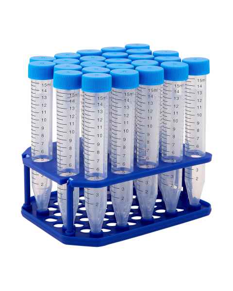 MTC Bio C2607 Centrifuge Tube with Flat Screw Cap, Sterile, 15 mL - on an Eco-Plastic Rack