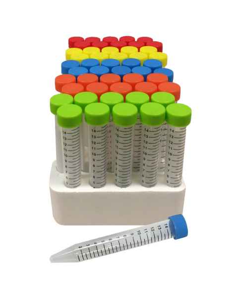 MTC Bio C2715 SpectraTube 15mL Sterile Centrifuge Tube Flat Rainbow Screw Cap in Foam Rack