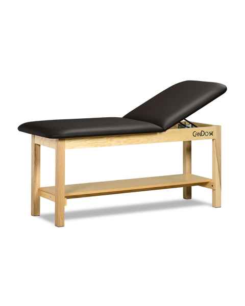 CanDo® Treatment Table with Adjustable Back and Shelf (Shown in Black Upholstery and Natural Wood Finish)