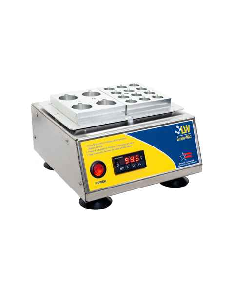 LW Scientific DBL-16PL-11DP Digital Dry Bath Incubator with Heat Blocks, One 4-Place 50 mL and One 12-Place 6-15 mL - Front View