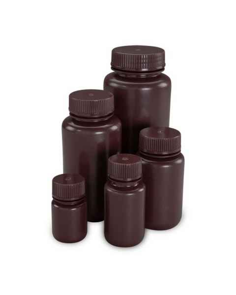 Globe Scientific Diamond® Essentials™ Bulk Wide Mouth, Round, Amber HDPE Bottles with PP Cap - Group