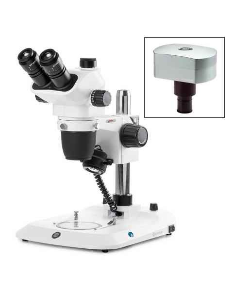 Globe Scientific ENZ-1703-P-DC18 NexiusZoom EVO Trinocular Stereo Microscope, HWF 10x/23mm Eyepieces, Plan Achromatic 0.65x - 5.5x Zoom Objective, Pillar Stand, CMEX-18 Pro Camera