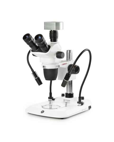 Globe Scientific ENZ-1703-PG-DC18 NexiusZoom EVO Trinocular Stereo Microscope, HWF 10x/23mm Eyepieces, Plan Achromatic 0.65x - 5.5x Zoom Objective, Pillar Stand, Two Gooseneck Arms, CMEX-18 Pro Camera
