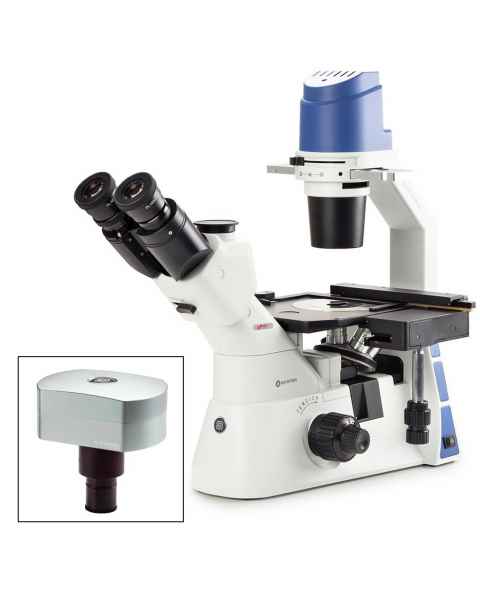 Globe Scientific EOX-2053-PLPH-DC18 Oxion Inverso Trinocular Inverted Microscope, HWF Plan 10x/22mm Eyepieces, Quintuple Nosepiece with Plan Phase PLPH, Mechanical Stage, CMEX-18 Pro Camera