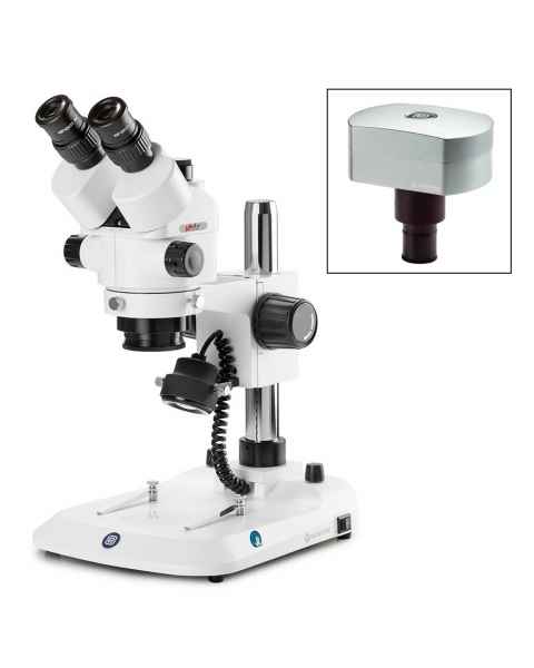 Globe Scientific ESB-1903-P-DC18 StereoBlue Trinocular Stereo Microscope, WF 10x/21mm Eyepieces with Eyecups, 0.7x - 4.5x Zoom Objective, Pillar Stand, CMEX-18 Pro Camera