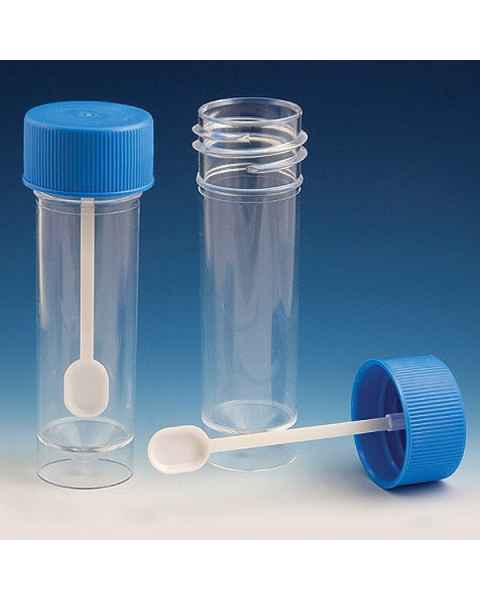 30mL Fecal Containers - Attached Screwcap with Spoon - Self-Standing with Skirted Conical Bottom