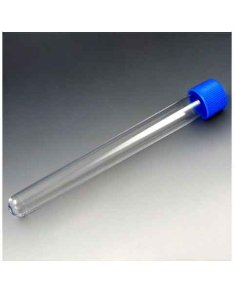 16mm x 150mm (20mL) Test Tubes with Attached Blue Screw Caps - Polystyrene (PS)