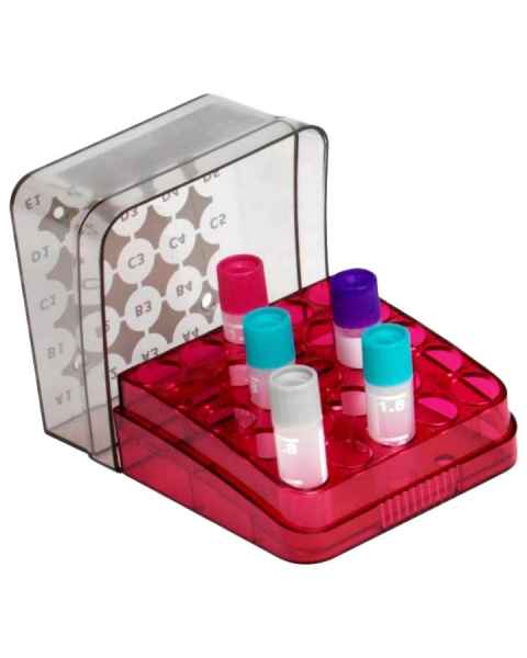 Arctic Square Polycarbonate Cryostorage 5 x 5 Array Box - Ruby Red Base