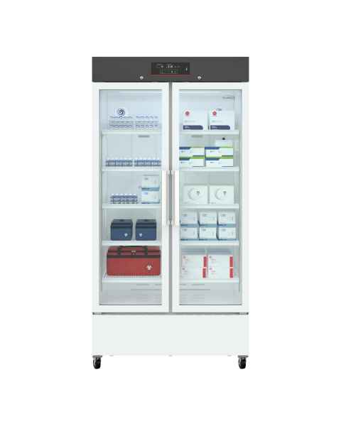 Koolmore KM-PHR-27C Medical Pharmacy Refrigerator with 10 Shelves, Double Glass Doors, 27 Cubic Feet - Front View (Contents are Not Included)